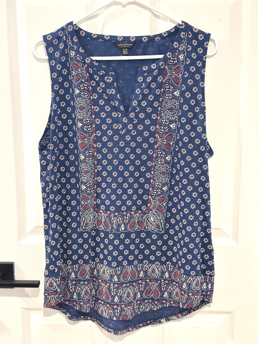 Lucky Women’s V Neck Sleeveless Boho Southwestern Top XL Navy Lightweight 90s